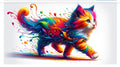 Cuadro de madera gatito corriendo con pelaje en explosin de colores arcoíris naranja azul verde rosa con salpicaduras de pintura