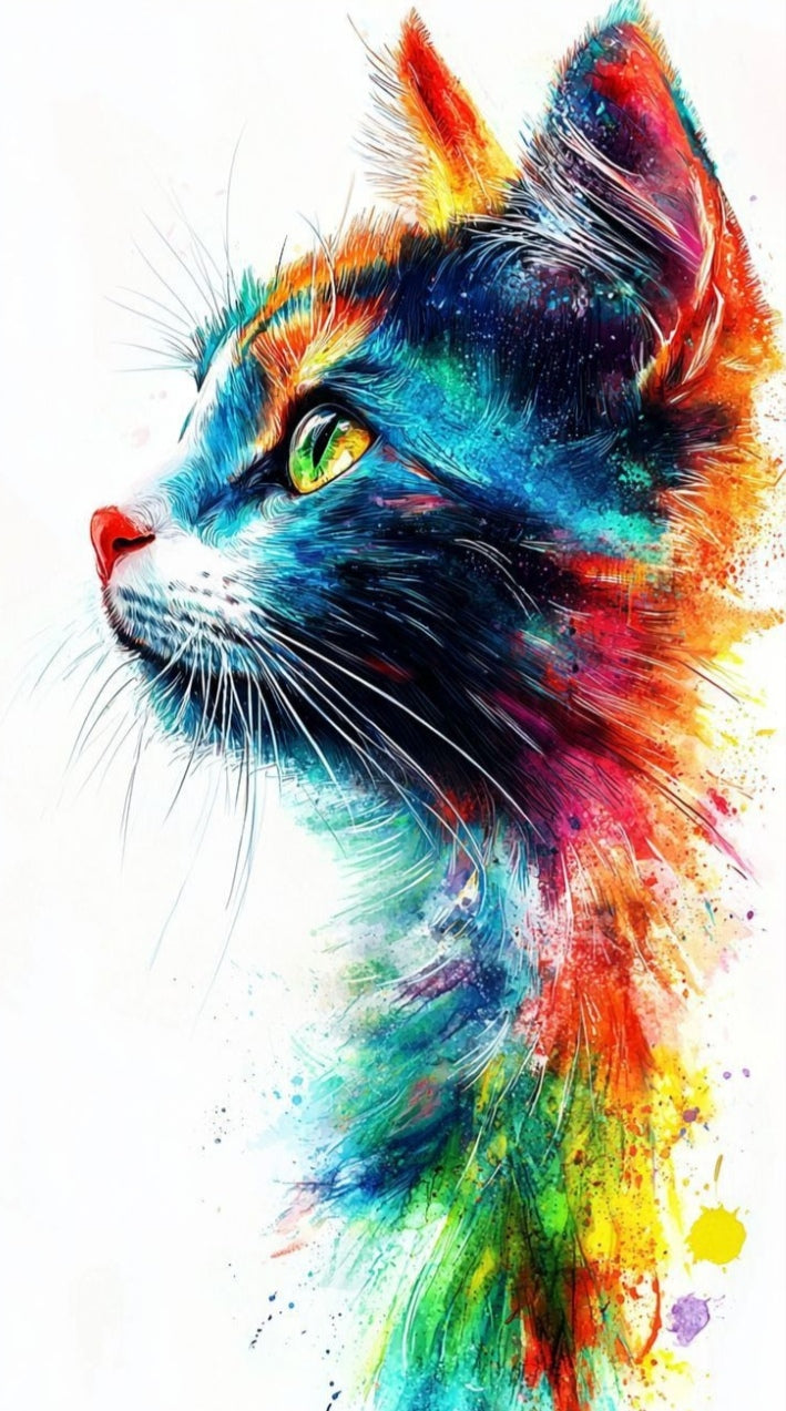 Cuadro de madera gato de perfil en acuarela con pelaje azul turquesa naranja rojo y ojo verde amarillo con salpicaduras arcoíris