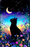 Cuadro de madera gato negro de ojos verdes entre flores silvestres de colores contemplando luna creciente dorada en cielo nocturno estrellado