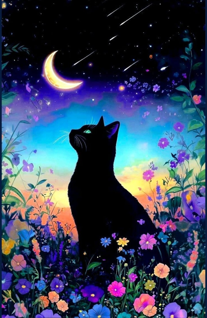 Cuadro de madera gato negro de ojos verdes entre flores silvestres de colores contemplando luna creciente dorada en cielo nocturno estrellado