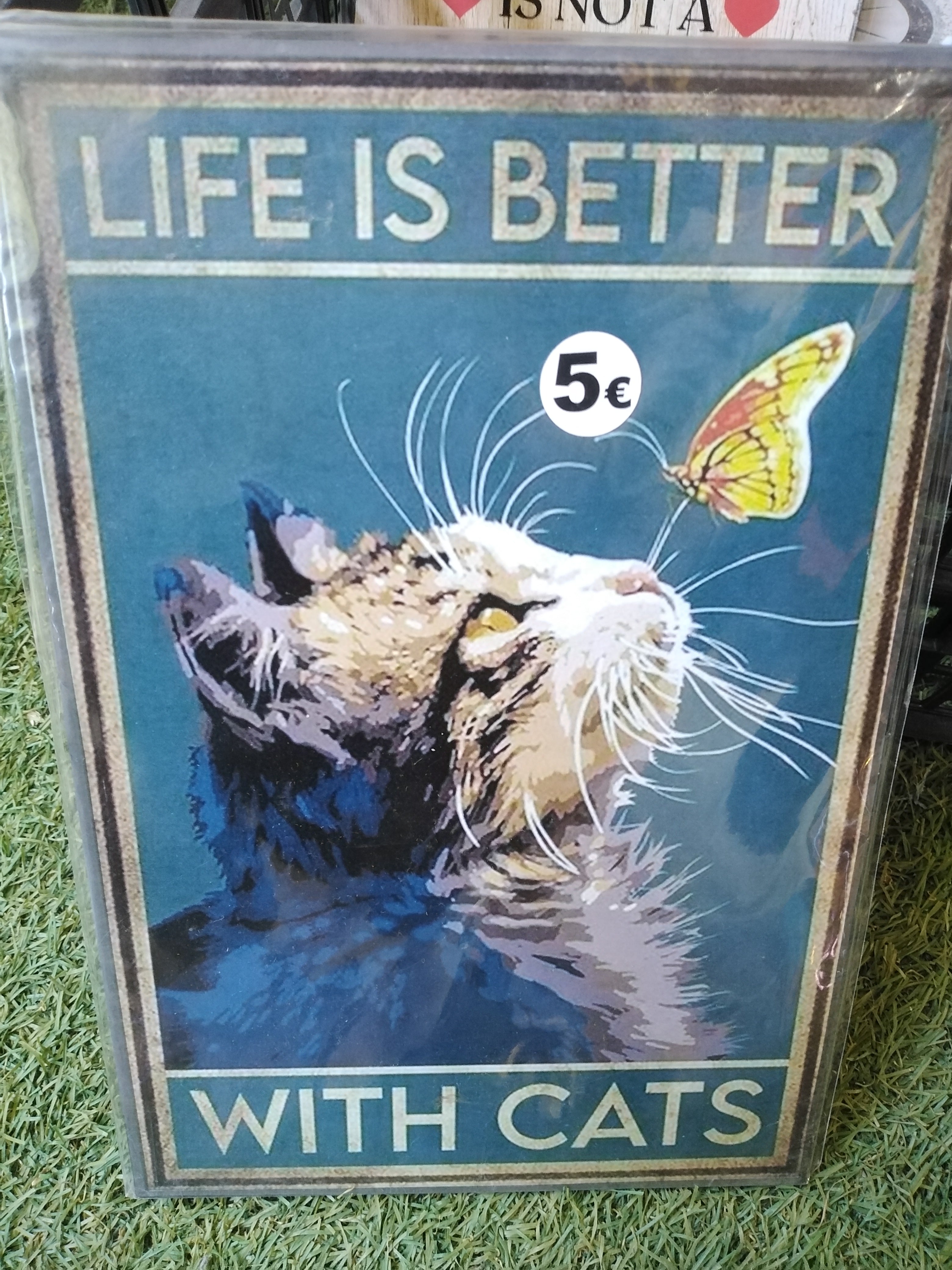 Cuadro de madera gato atigrado mirando hacia arriba a mariposa amarilla y naranja con frase Life Is Better with Cats