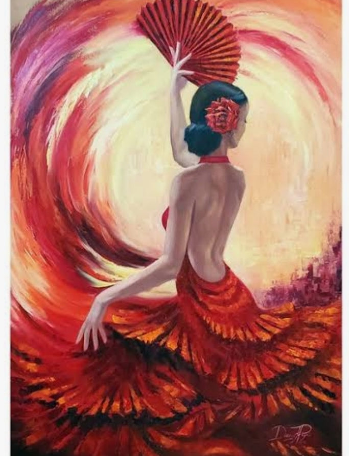 Flamenca con abanico rodeada de remolino de colores