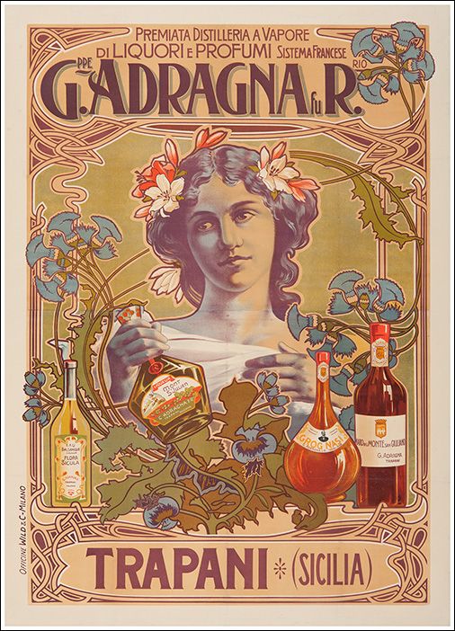 Cartel vintage Art Nouveau G. Adragna Trapani Sicilia impreso sobre madera 19x28 cm