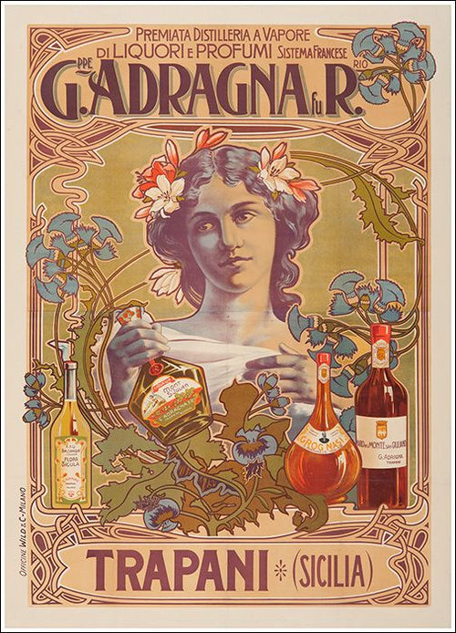 Cartel vintage Art Nouveau G. Adragna Trapani Sicilia impreso sobre madera 19x28 cm