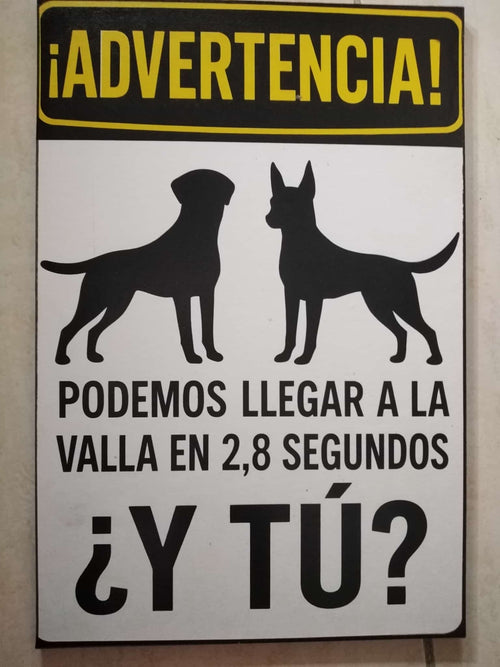 Cartel gracioso advertencia perros podemos llegar a la valla en 2,8 segundos litografía madera 19x28 cm