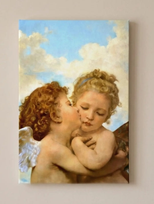 Cuadro litografía dos angelitos abrazándose estilo Bouguereau sobre tabla de madera 19x28 cm