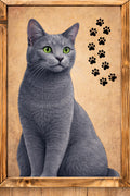 Cuadro litografía gato Azul Ruso ojos verdes con huellas de pata sobre madera con marco rústico 19x28 cm