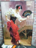 Cuadro litografía bailaora flamenca con abanico sobre tabla de madera 19x28 cm