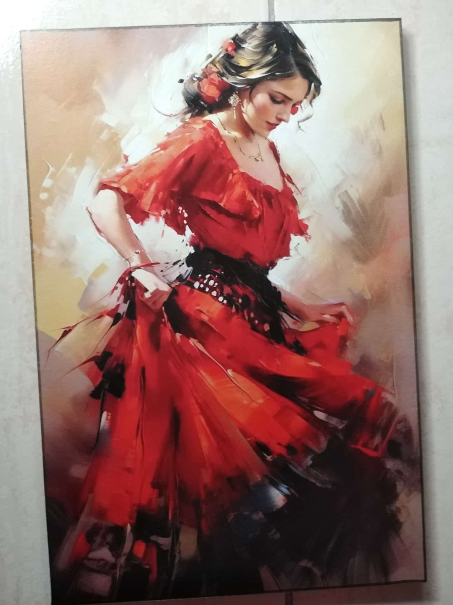 Cuadro litografía bailaora flamenca vestido rojo sobre tabla de madera 19x28 cm