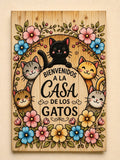 Cuadro bienvenidos a la casa de los gatos con gatitos y flores litografía madera 19x28 cm
