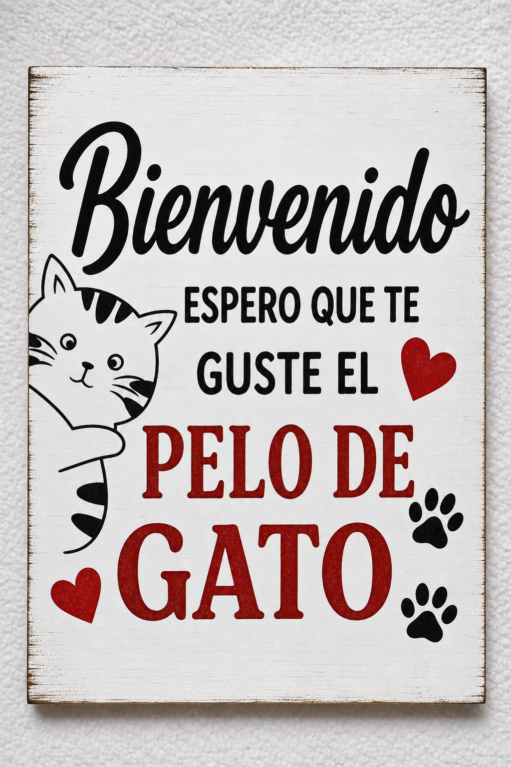Cuadro gracioso bienvenido espero que te guste el pelo de gato litografía madera 19x28 cm