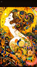 Cuadro litografía mujer perfil estilo Klimt con espirales doradas y colores sobre madera 19x28 cm