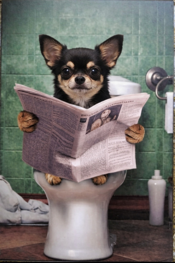Cuadro gracioso chihuahua negro leyendo periódico sentado en el váter litografía madera 19x28 cm