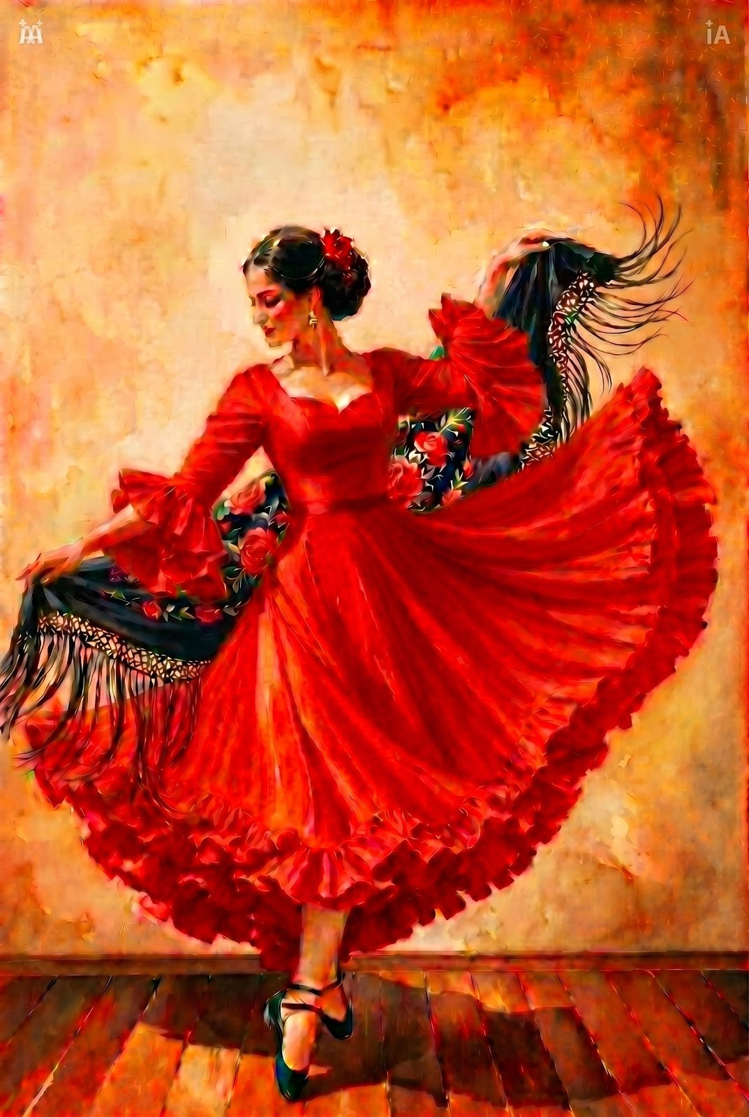 Cuadro litografía flamenca bailando con vestido rojo de volantes y mantón negro bordado sobre madera 19x28 cm
