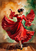 Cuadro litografía flamenca estilo acuarela con vestido rojo de volantes girando sobre madera 19x28 cm
