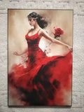 Cuadro litografía bailarina con vestido rojo y rosa roja estilo expresionista sobre madera 19x28 cm