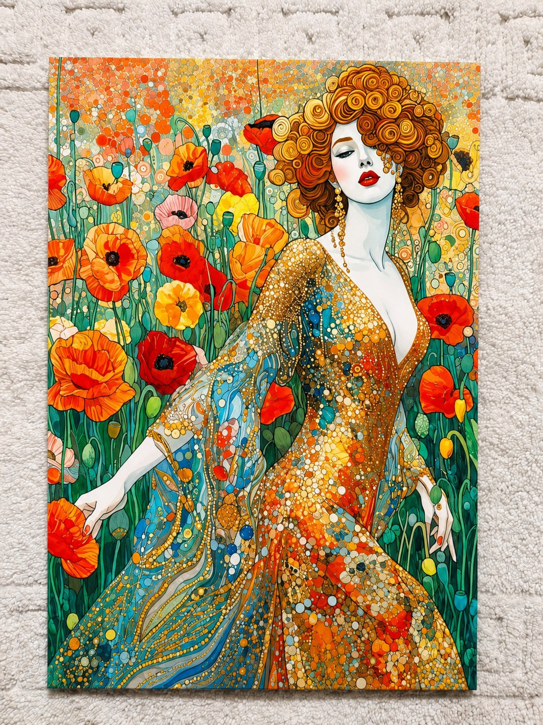 Cuadro litografía mujer cabello dorado entre amapolas rojas estilo Klimt sobre madera 19x28 cm