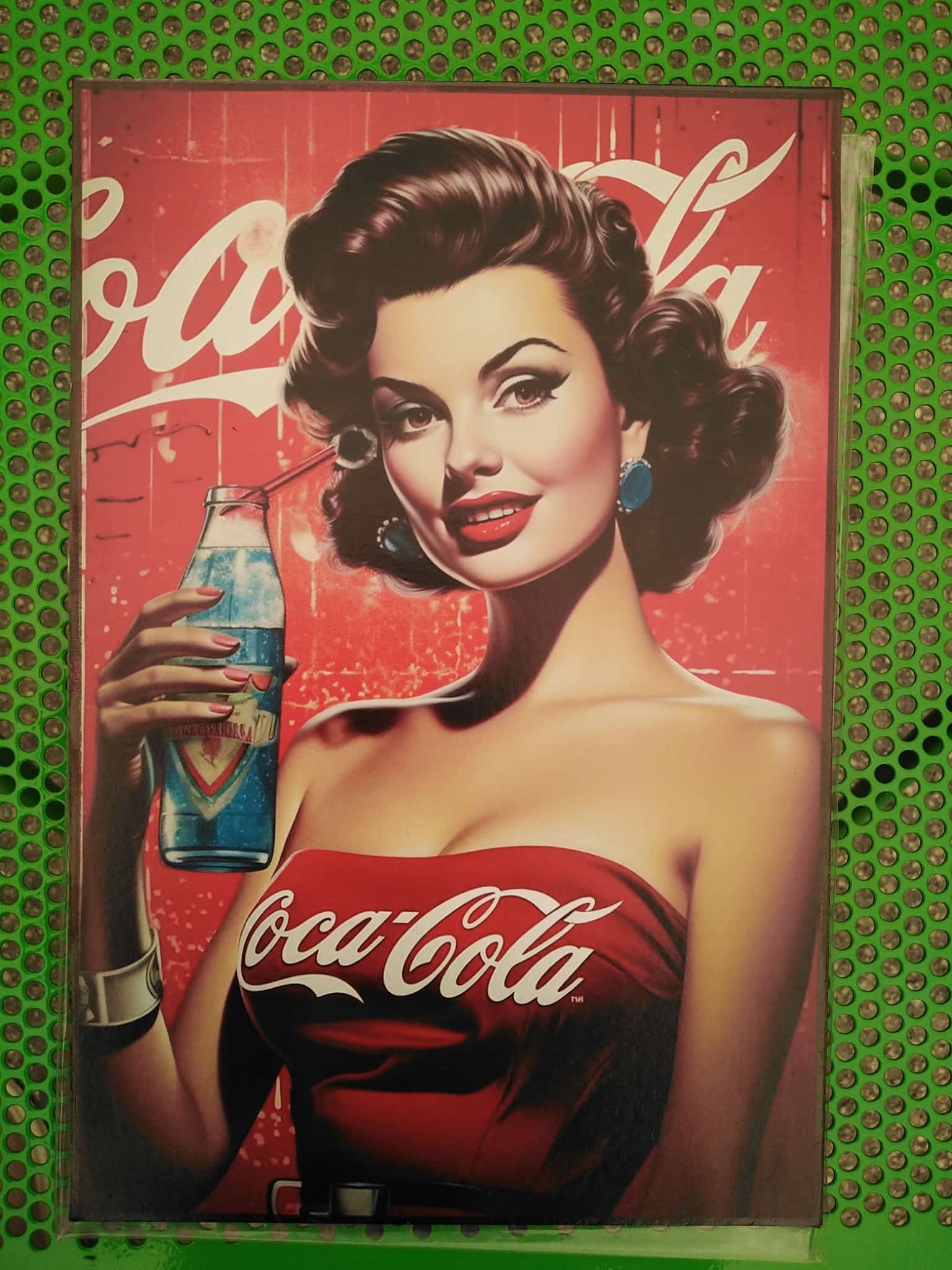Cartel vintage Coca-Cola pin-up chica vestido rojo con botella litografía madera 19x28 cm
