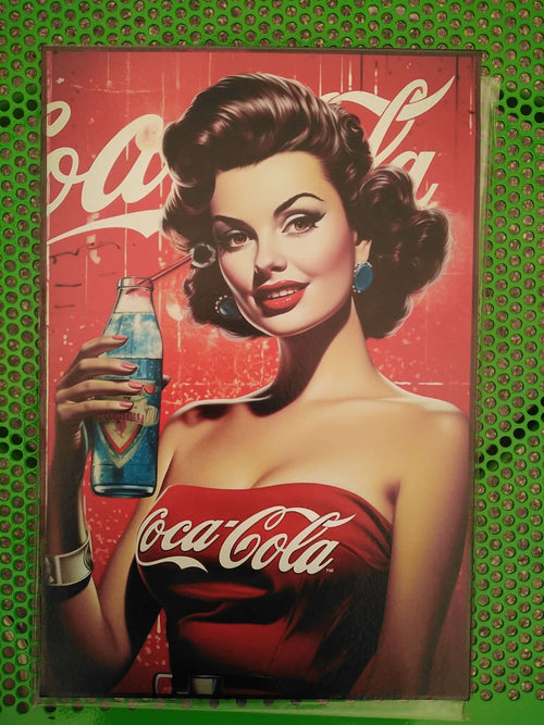 Cartel vintage Coca-Cola pin-up chica vestido rojo con botella litografía madera 19x28 cm