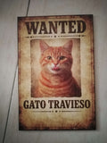 Cartel wanted gato travieso naranja estilo western litografía madera 19x28 cm