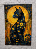 Cuadro gato negro cósmico con círculos dorados y luna naranja litografía madera 19x28 cm
