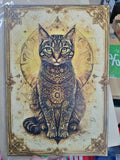 Cuadro gato atigrado ojos verdes con mandala dorado y marco ornamental litografía madera 19x28 cm