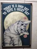 Cuadro de madera gato atigrado vintage con flor rosa y luna llena con frase Today Is a Good Day to Have a Great Day