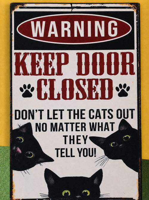 Cartel warning keep door closed don't let the cats out gatos negros asomando litografía madera 19x28 cm