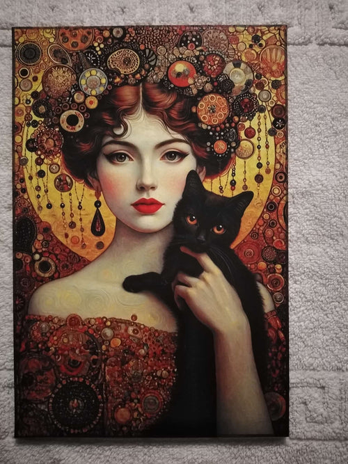 Cuadro de madera mujer con gato negro estilo Art Nouveau Klimt