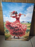 Cuadro de madera flamenca con vestido rojo bailando en paisaje andaluz