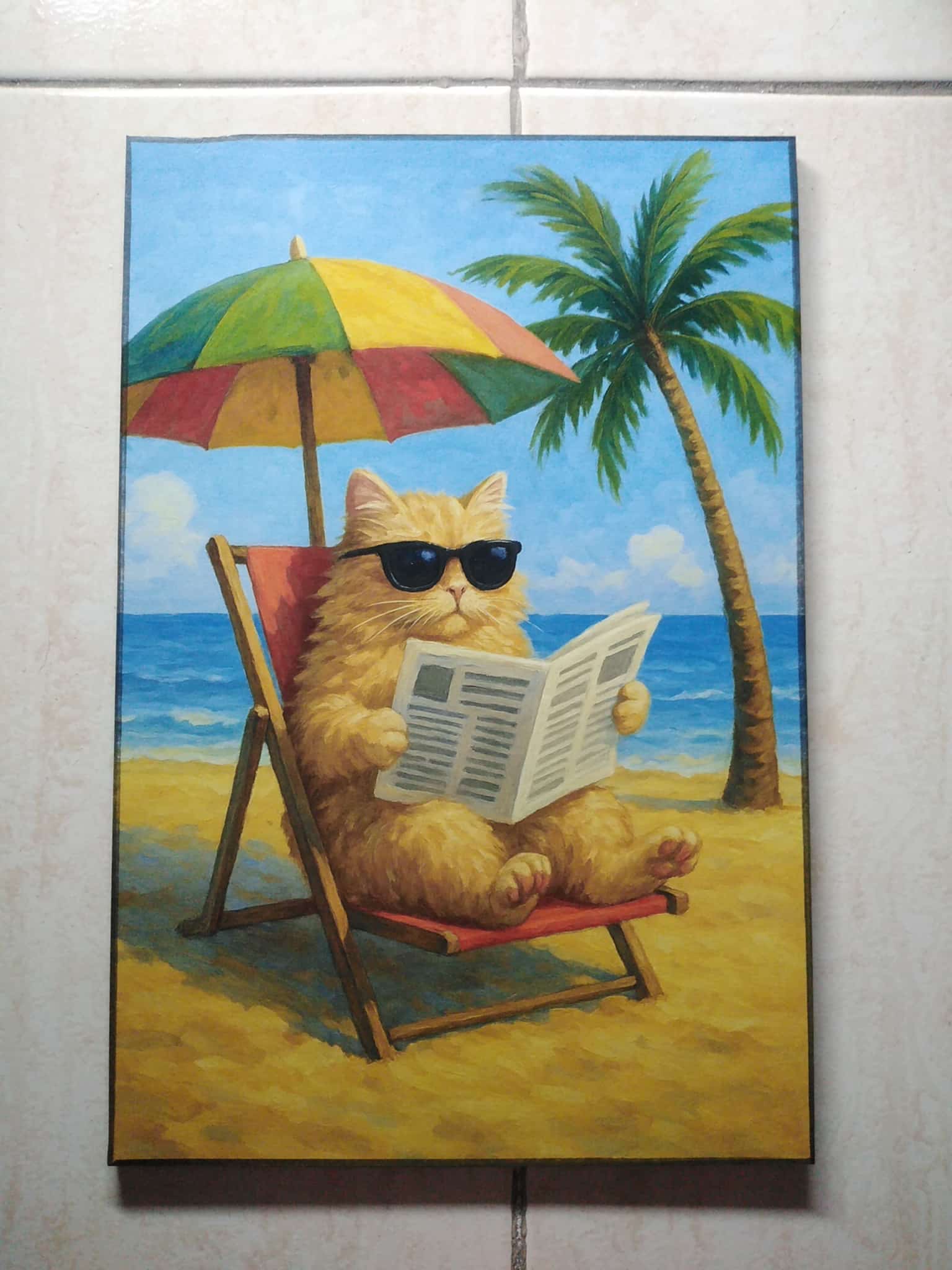 Cuadro de madera gato naranja esponjoso con gafas de sol en hamaca en la playa bajo sombrilla de colores
