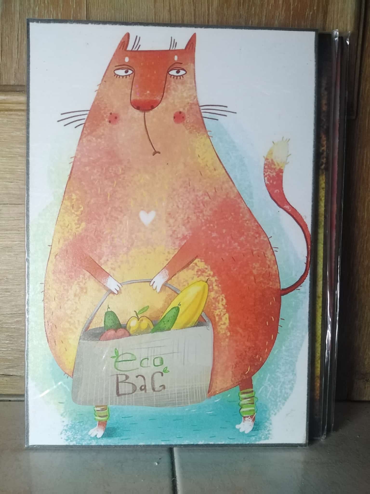 Cuadro de madera gato rojizo gordo con corazón sosteniendo bolsa eco bag llena de frutas y verduras