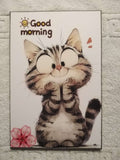 Cuadro de madera gatito atigrado con ojos grandes y mensaje Good Morning con sol y flor rosa