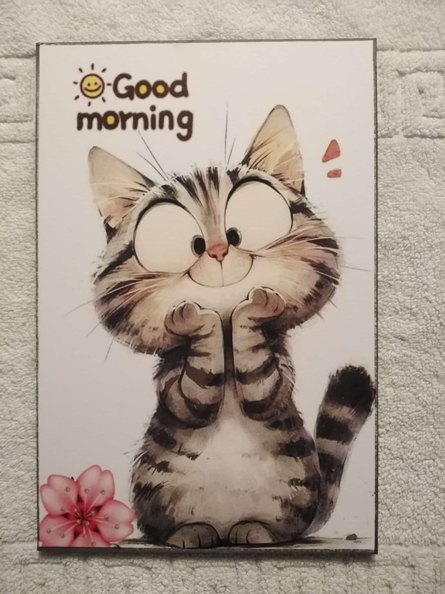 Cuadro de madera gatito atigrado con ojos grandes y mensaje Good Morning con sol y flor rosa