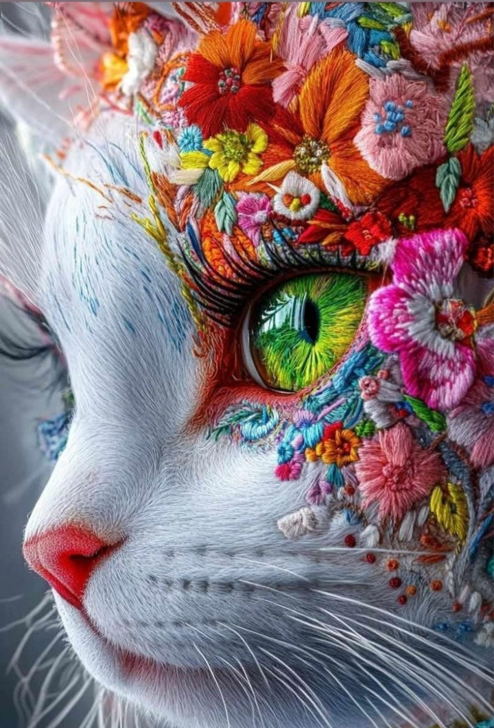 Cuadro de madera gatita blanca estilo Catrina con ojo verde esmeralda y corona de flores bordadas de colores