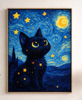 Cuadro de madera gatito negro con ojos dorados en noche estrellada estilo Van Gogh con remolinos azules y estrellas