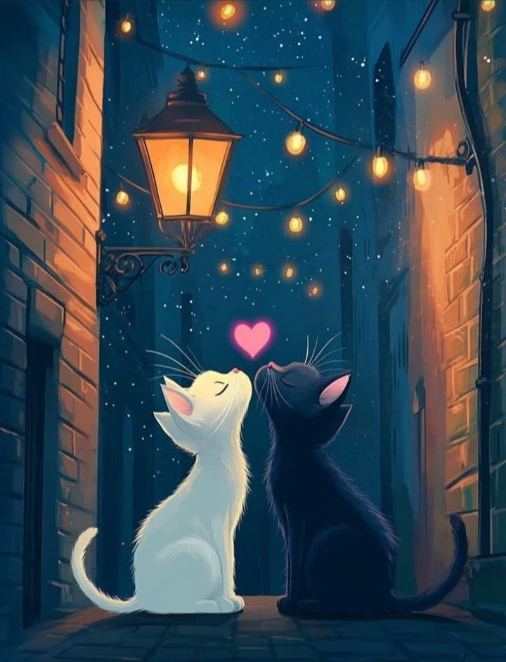 Cuadro de madera gatos blanco y negro besándose bajo farola vintage con guirnaldas de luces y cielo estrellado